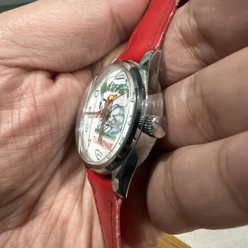 Working VTG 1960 Mexico Tijuana Unisex Watch Dial Manual Wind Red Strap 31mm 6.5